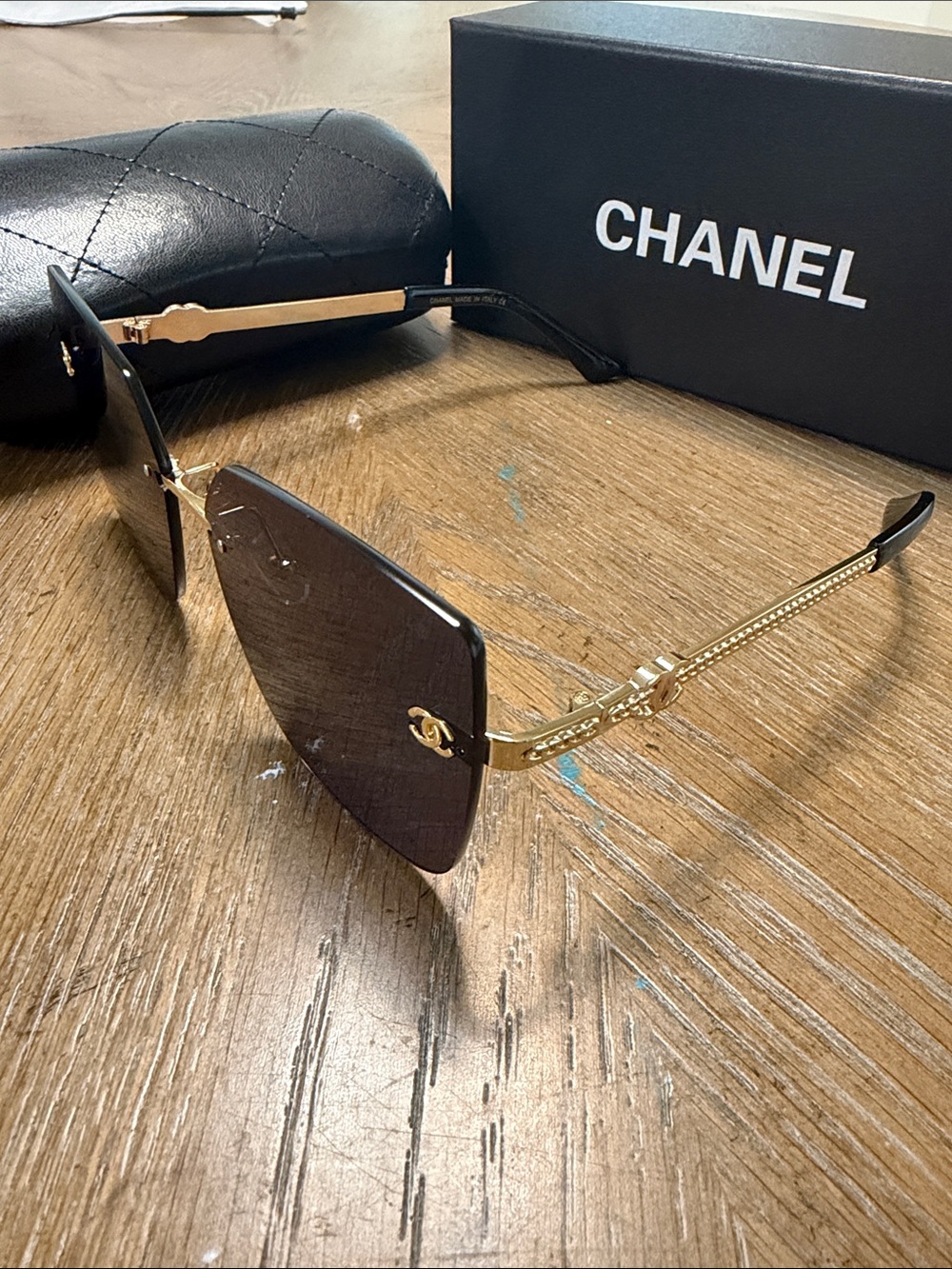 CHANEL Black Rimless Square Sunglasses with Gold CC Accents - Picture 6 of 10